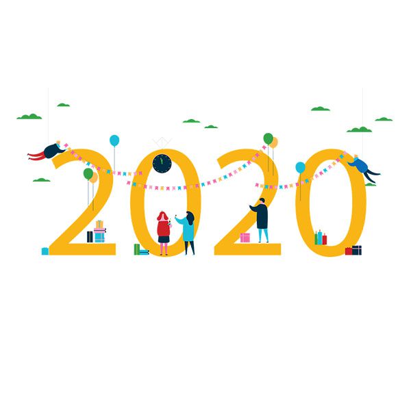 image flat de 2020 écrit en jaune avec des petits personnages célébrant la nouvelle année